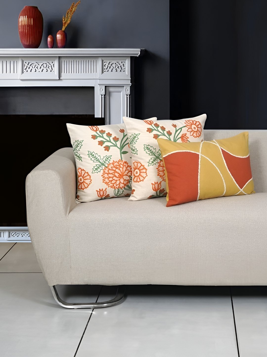 

Ode & Cleo Mustard & Yellow 3 Pieces Floral Embroidered Square Cushion Covers