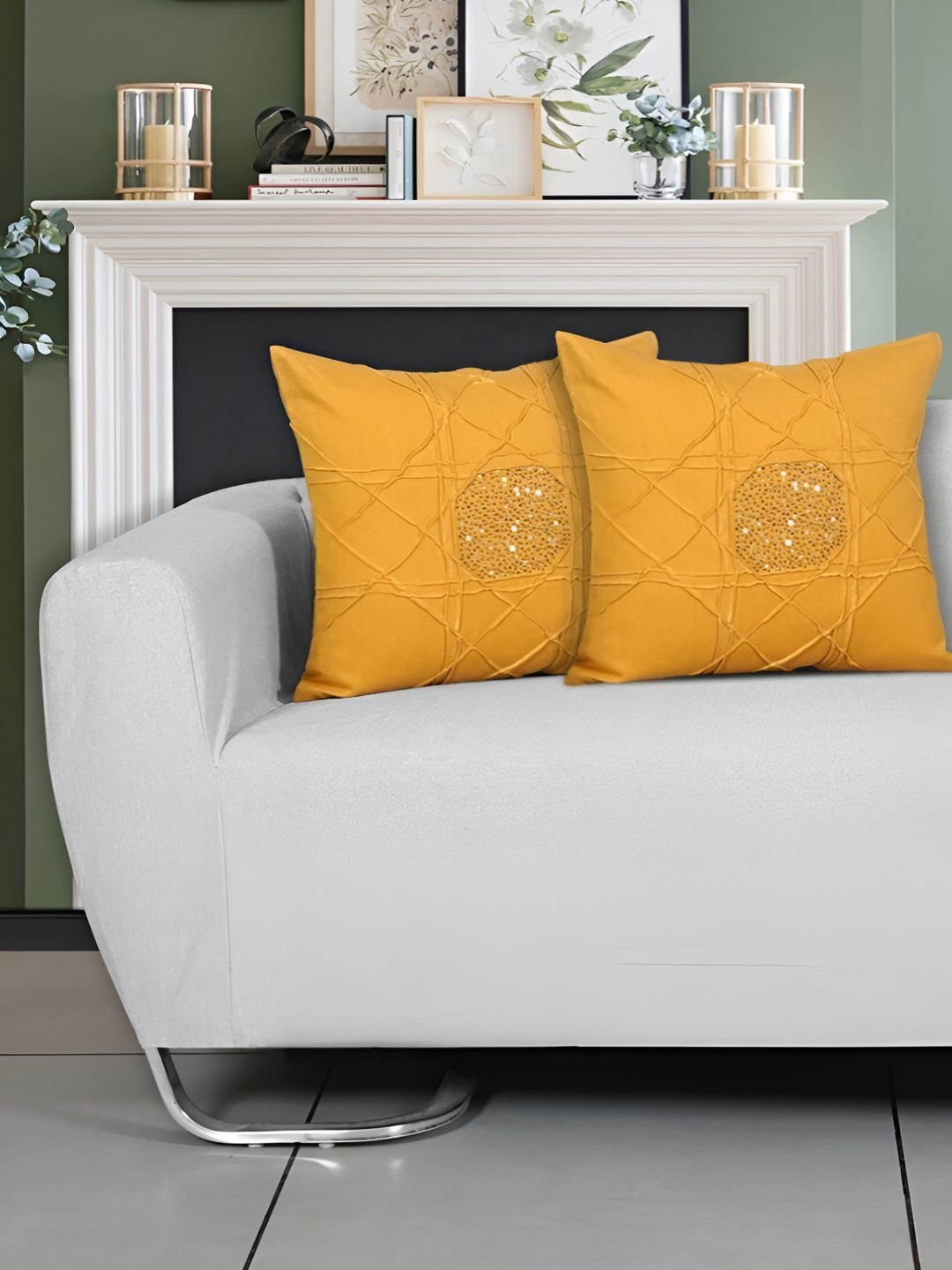 

Ode & Cleo Yellow 2 Pieces Geometric Cotton Square Cushion Covers, Mustard