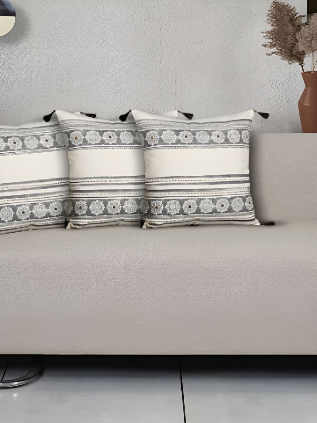 

Ode & Cleo Set of 3 Ethnic Motifs Cotton Square Cushion Covers, Grey