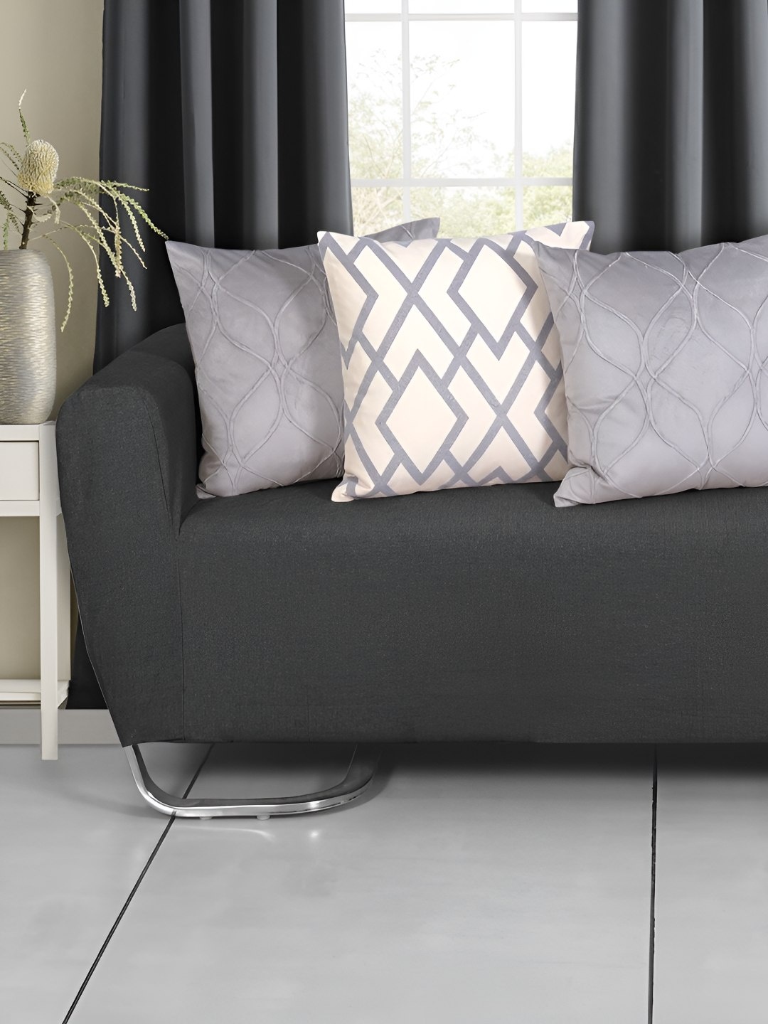 

Ode & Cleo Grey & White 3 Pieces Geometric Embroidered Cotton Square Cushion Covers