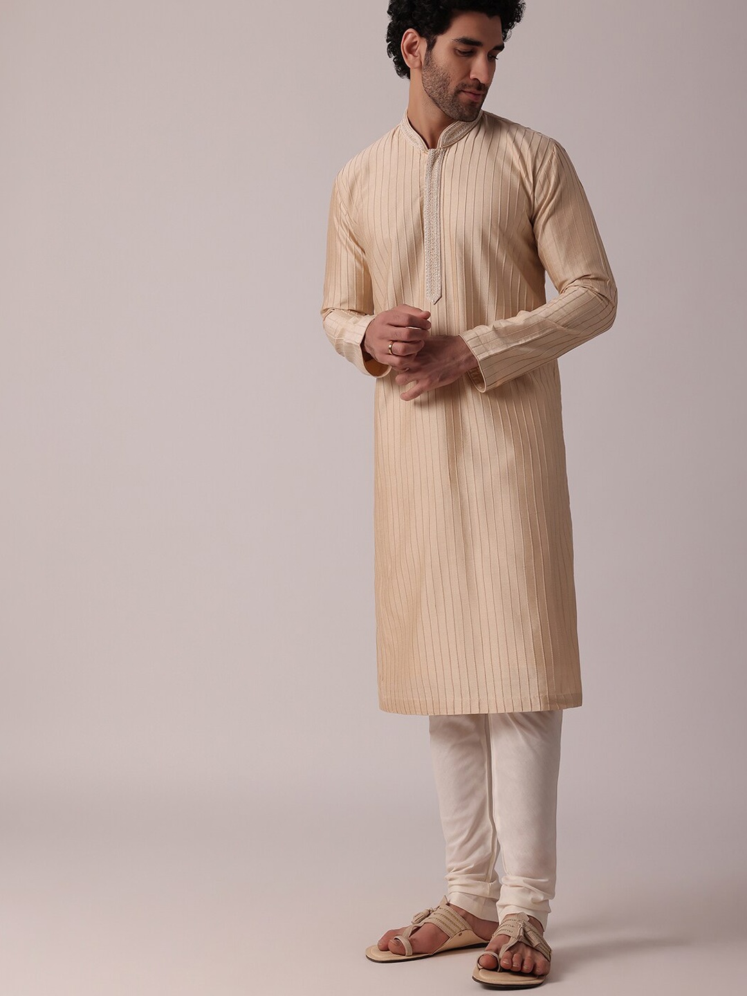 

KALKI Fashion Striped Thread Work Pure Silk Kurta with Churidar, Beige