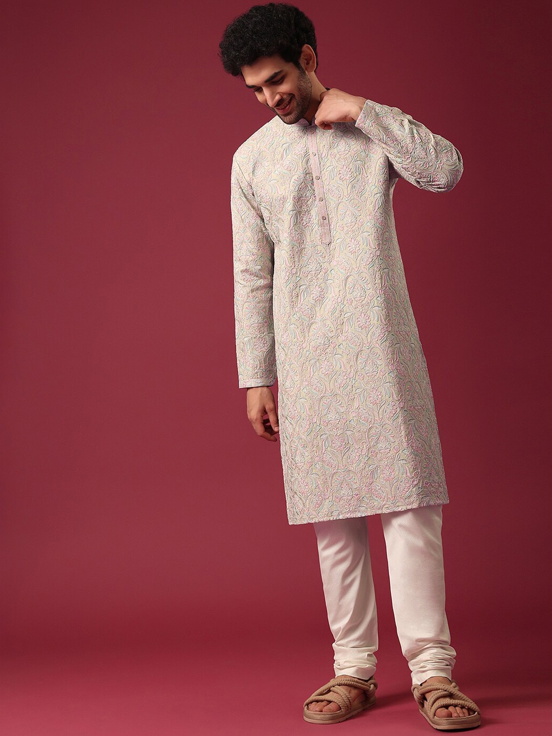 

KALKI Fashion Floral Embroidered Thread Work Pure Silk Kurta with Churidar, Yellow
