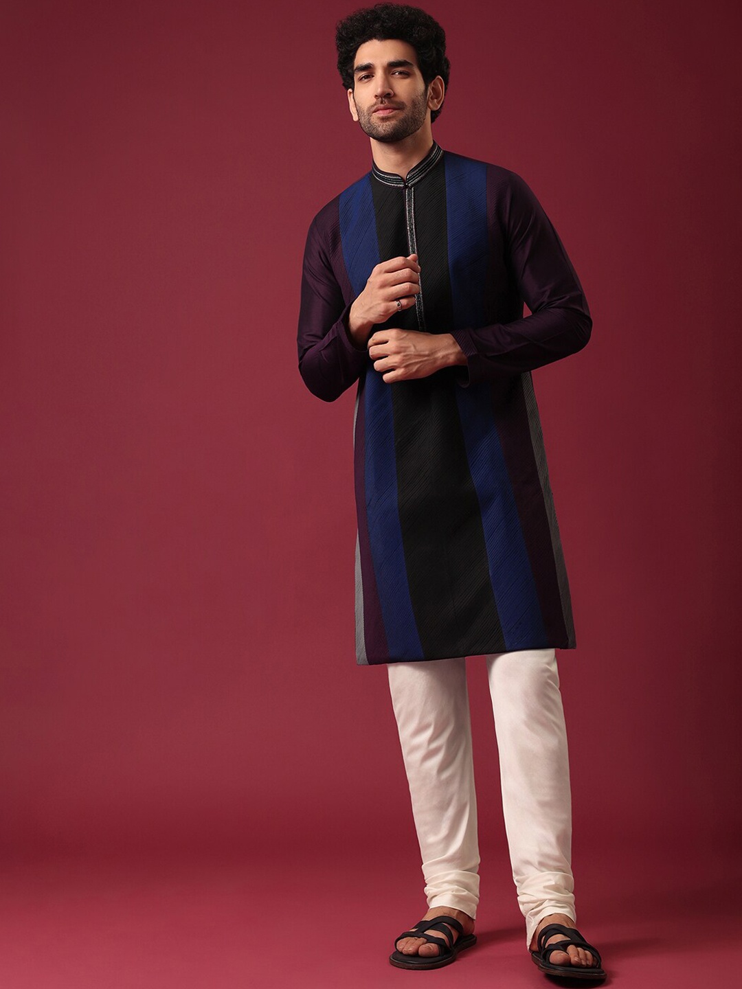 KALKI Fashion Colourblocked Mandarin Collar Pure Silk Kurta with Churidar, Blue