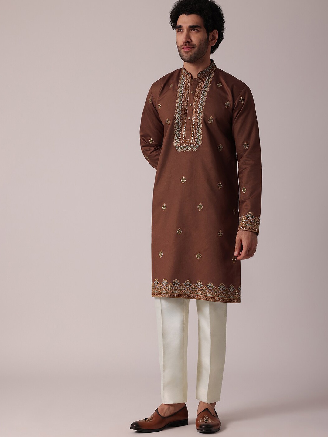 

KALKI Fashion Ethnic Motifs Embroidered Regular Thread Work Linen Kurta with Pyjamas, Brown