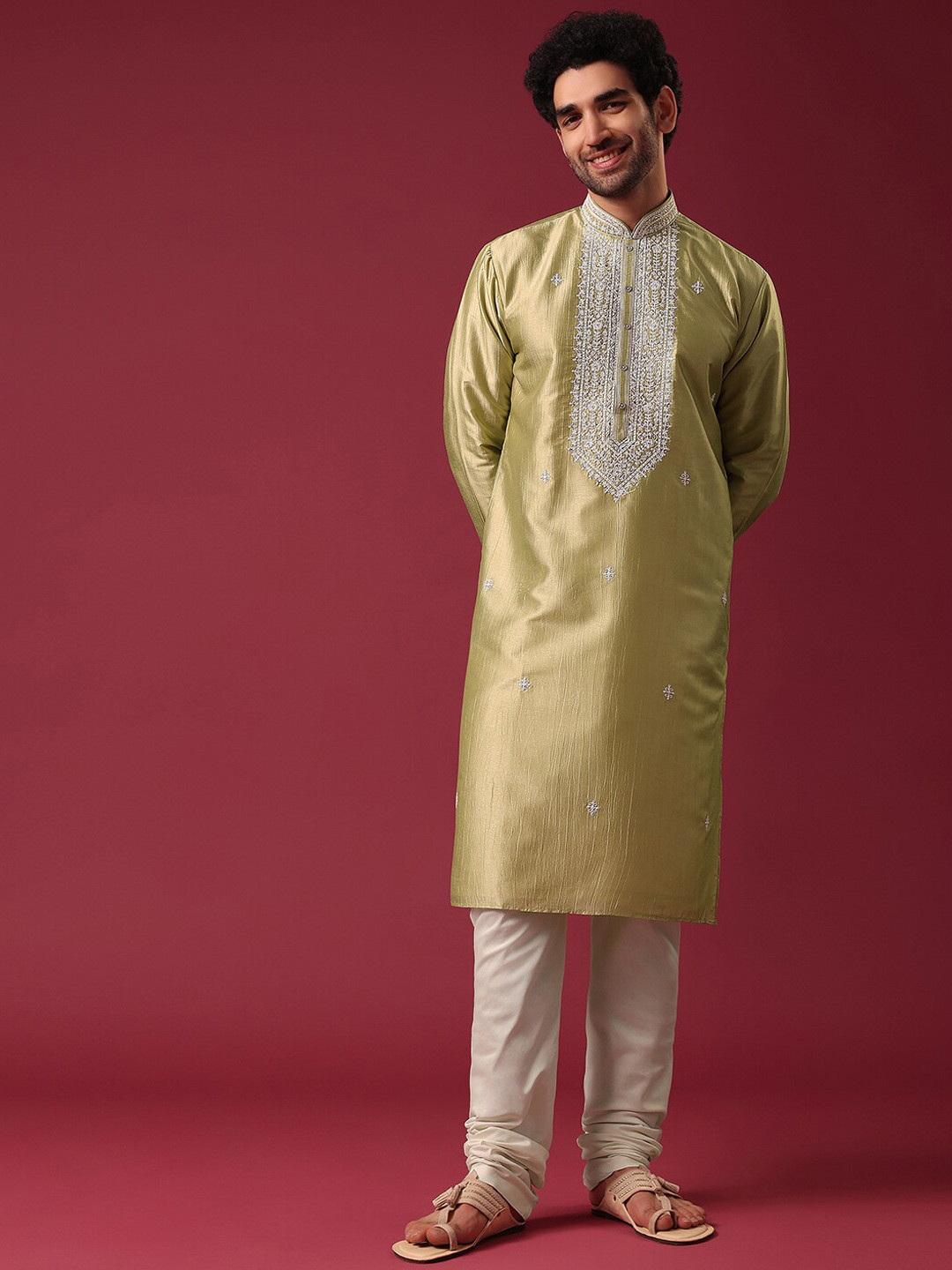 

KALKI Fashion Floral Yoke Design Thread Work Pure Silk Kurta with Churidar, Gold