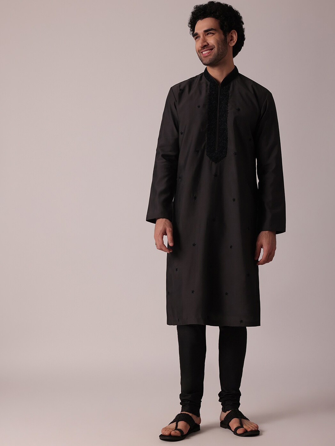 

KALKI Fashion Floral Embroidered Mandarin Collar Regular Pure Silk Kurta With Trousers, Grey