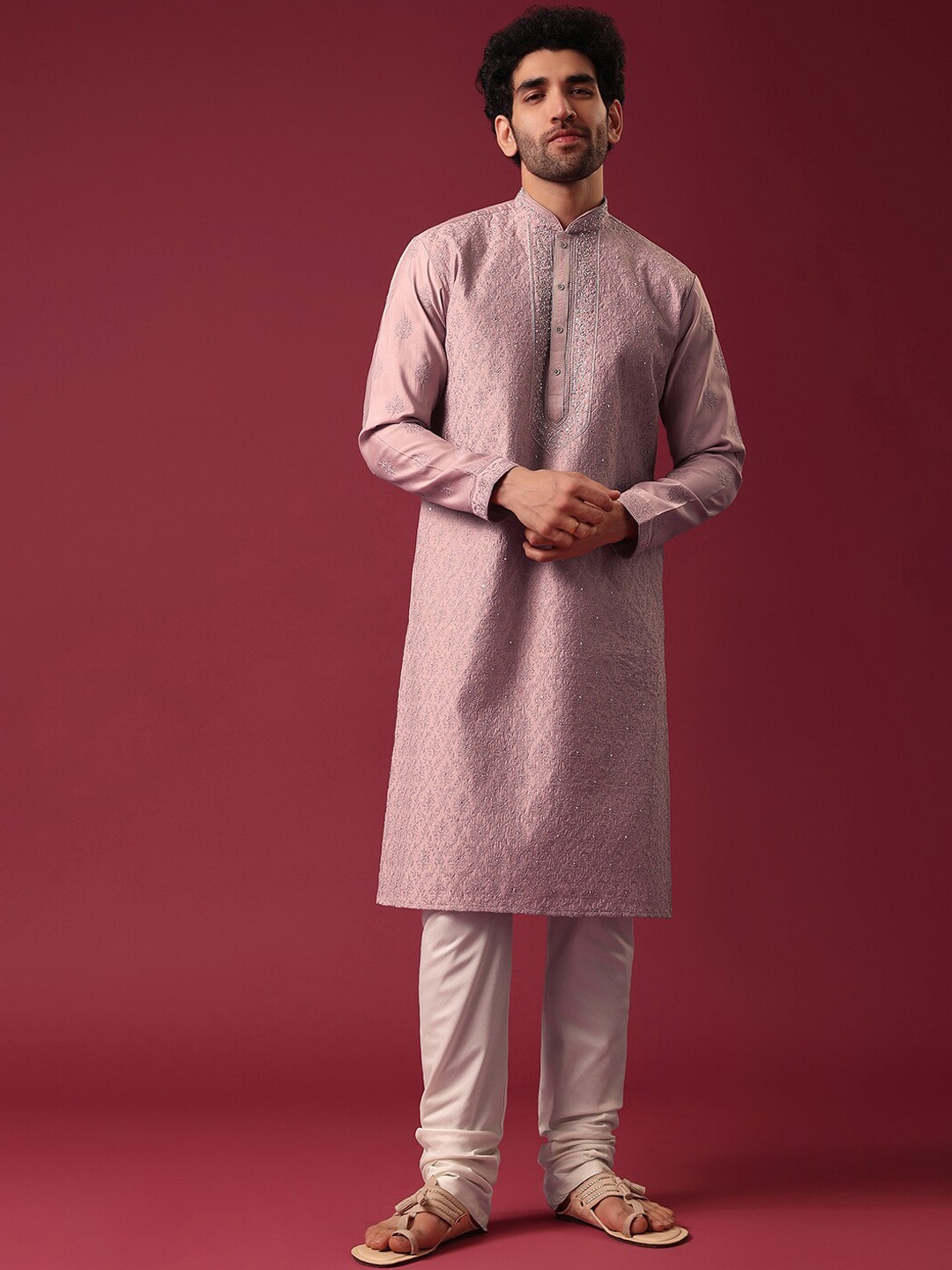 

KALKI Fashion Floral Embroidered Mandarin Collar Pure Silk Kurta with Churidar, Pink