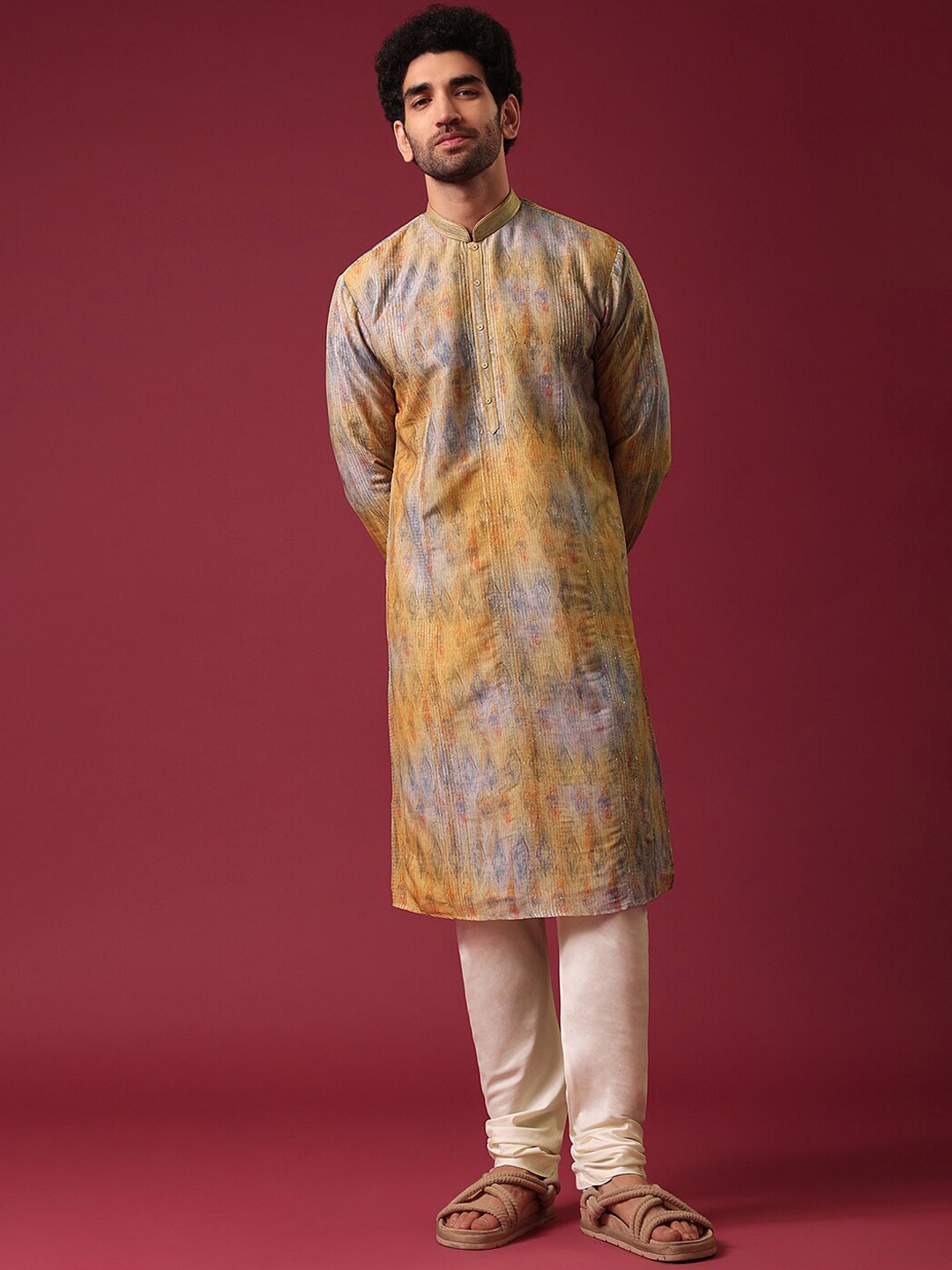 KALKI Fashion Abstract Printed Sequinned Pure Silk Kurta with Churidar, Mustard