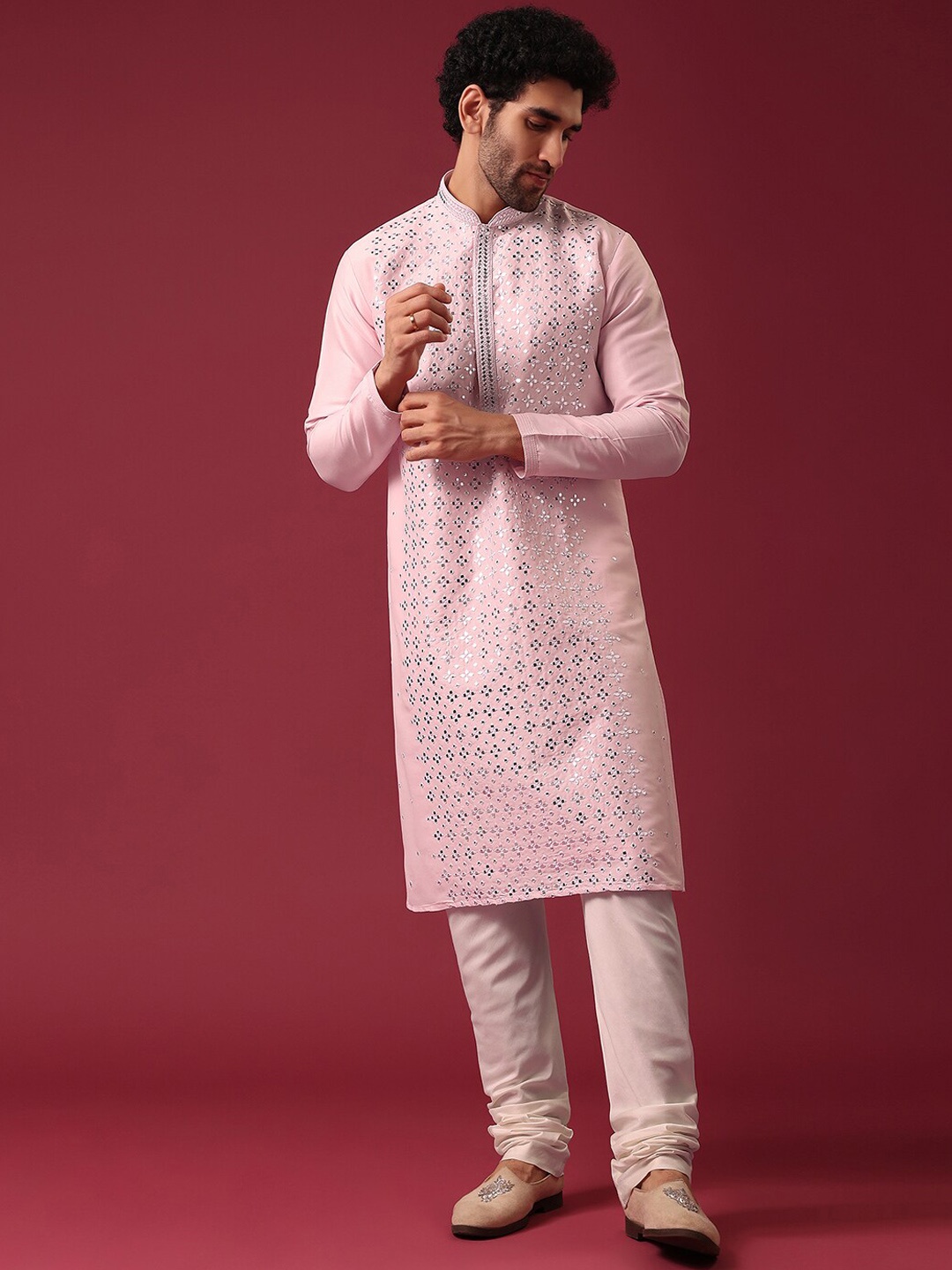 

KALKI Fashion Floral Embroidered Mandarin Collar Mirror Work Pure Silk Kurta with Churidar, Pink