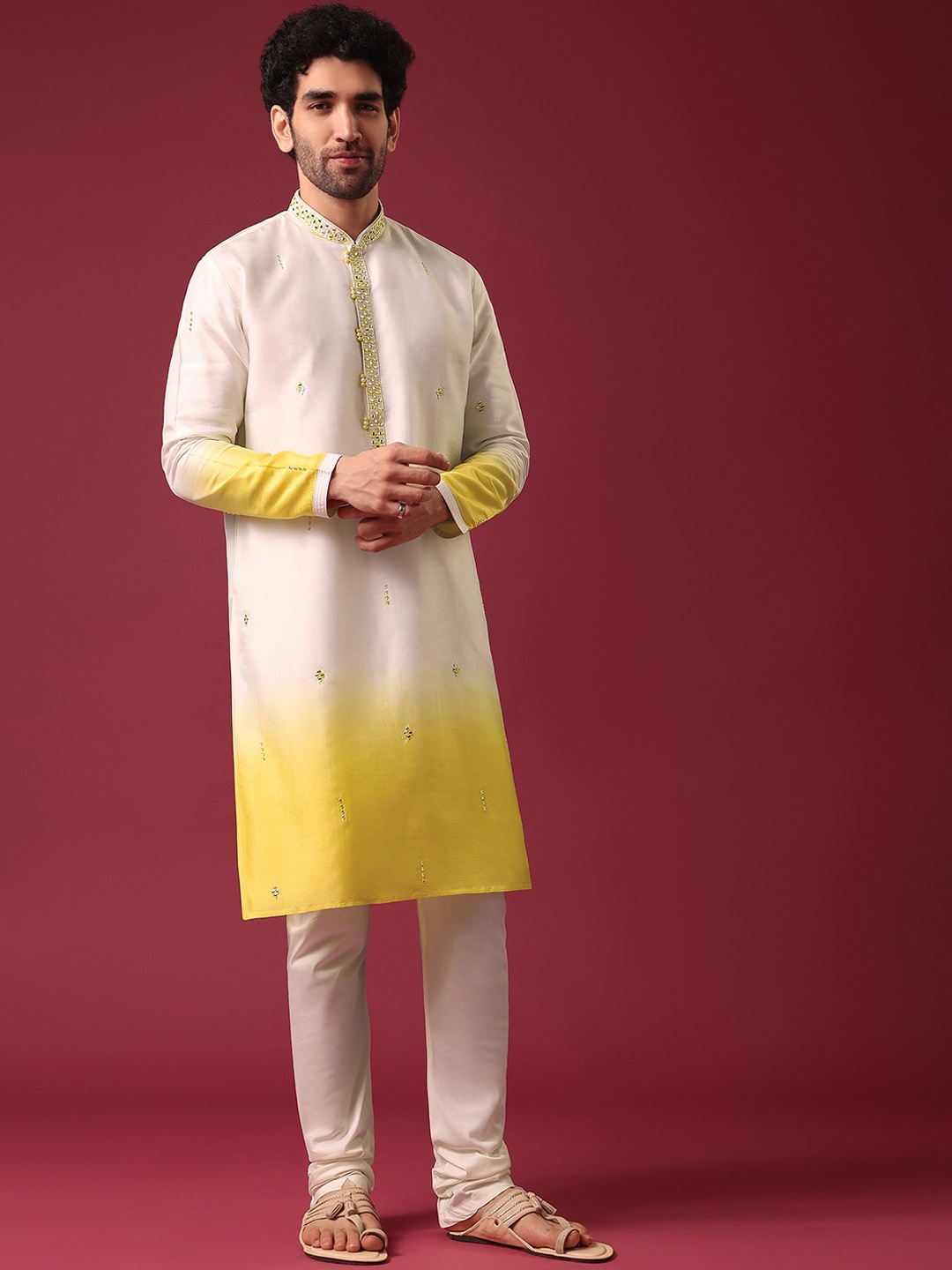 

KALKI Fashion Ombre Dyed Mirror Work Pure Silk Kurta with Churidar, White