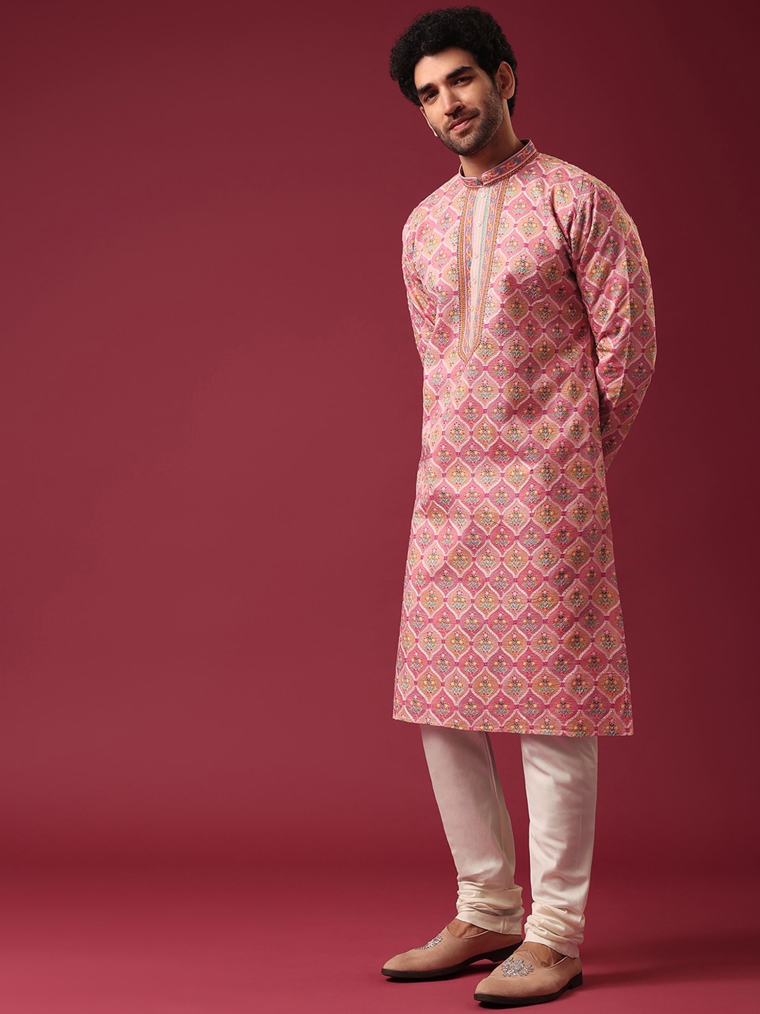 

KALKI Fashion Ethnic Motifs Printed Mandarin Collar Pure Silk Kurta with Churidar, Pink