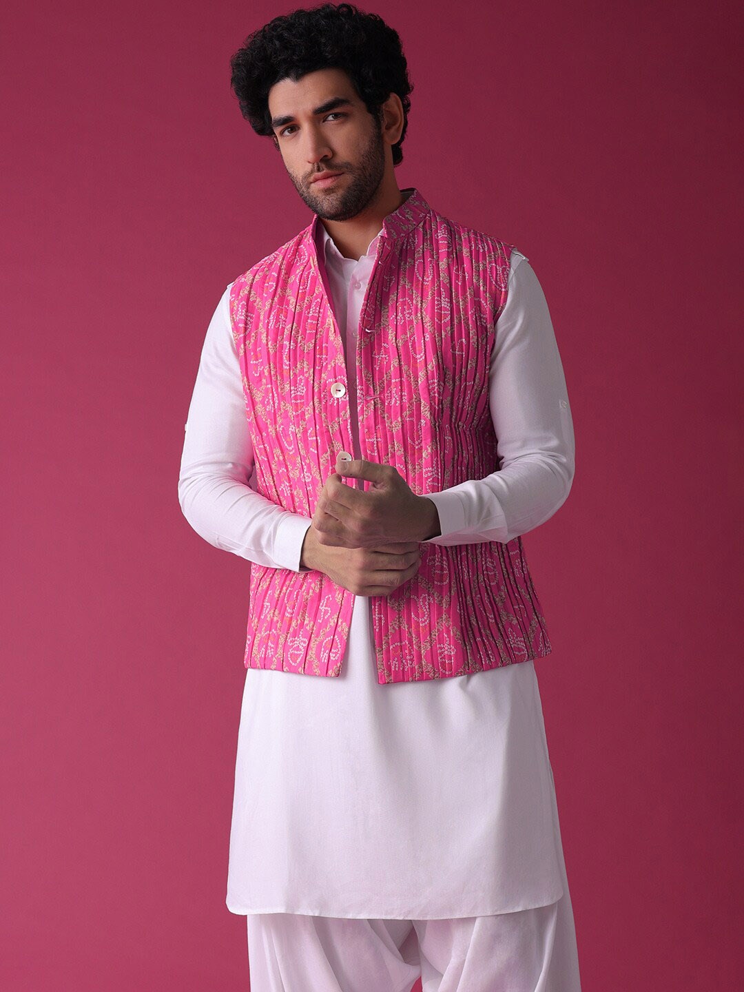 

KALKI Fashion Mandarin Collar Long Sleeves Regular Kurta With Dhoti Pants & Nehru jacket, Pink