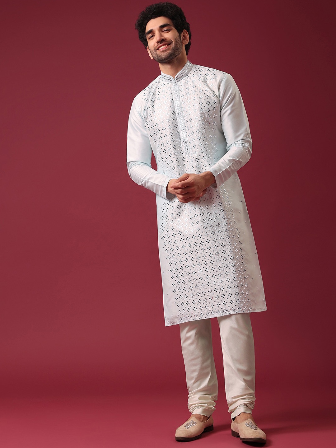 

KALKI Fashion Ethnic Motifs Embroidered Mirror Work Pure Silk Kurta with Churidar, Blue