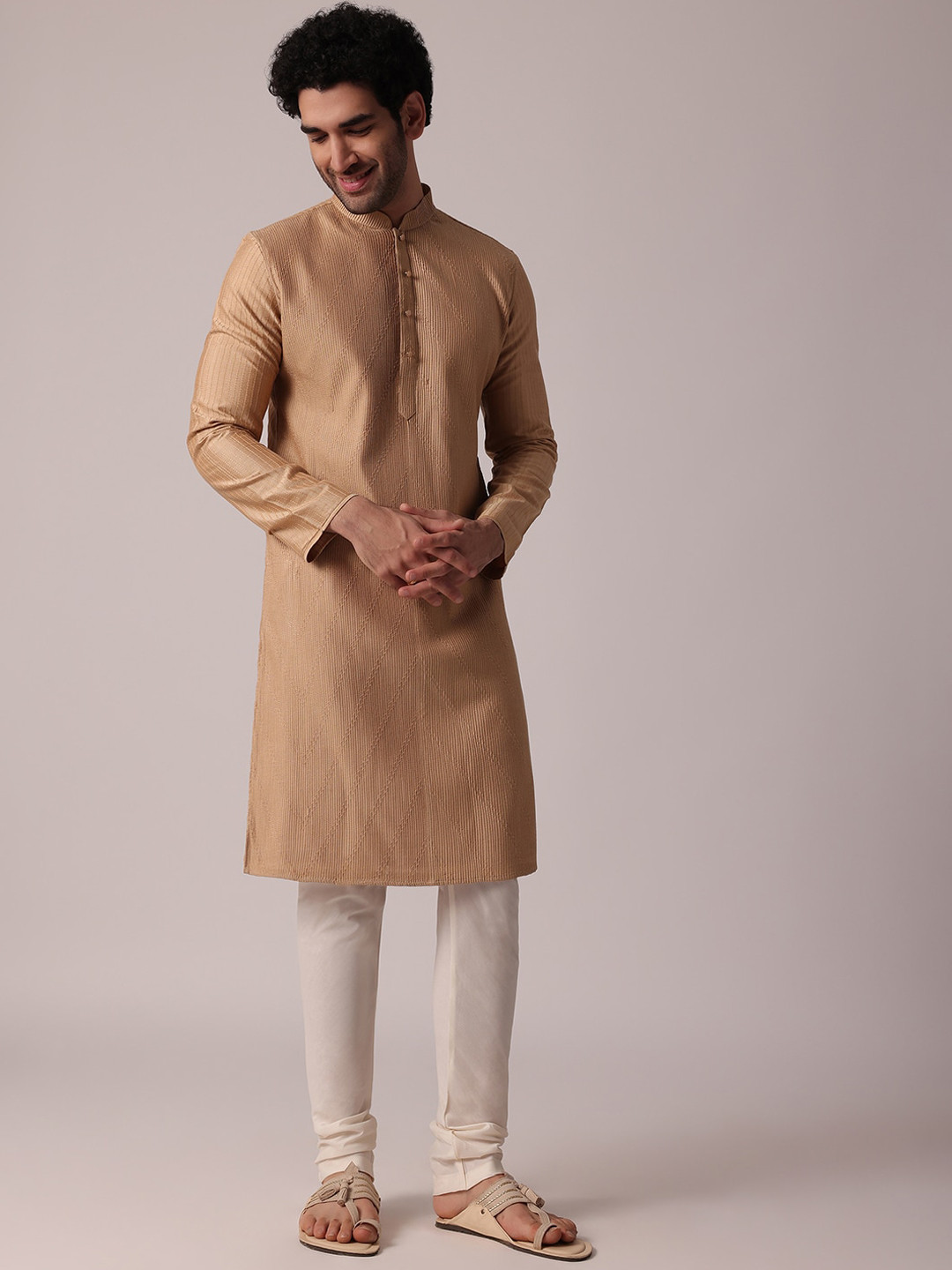 

KALKI Fashion Striped Thread Work Pure Silk Kurta with Churidar, Brown