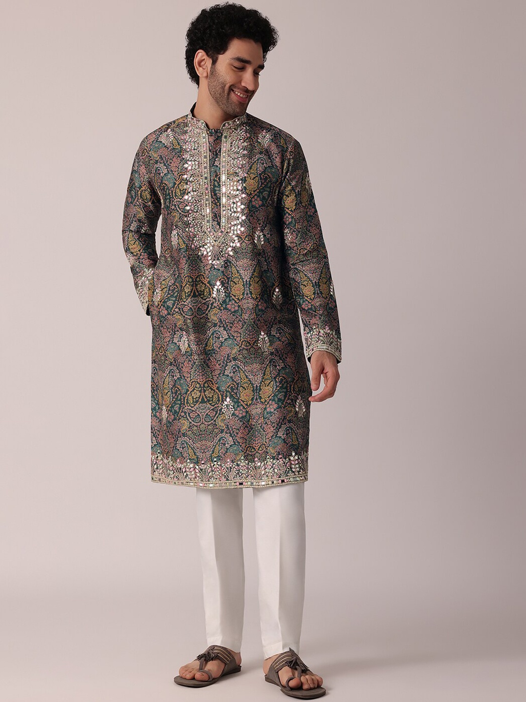 

KALKI Fashion Floral Printed Mirror Work Pure Silk Kurta with Trousers, Green