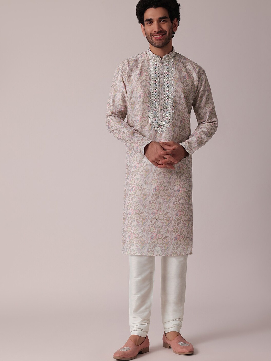 

KALKI Fashion Floral Printed Mirror Work Regular Kurta With Churidar, Pink