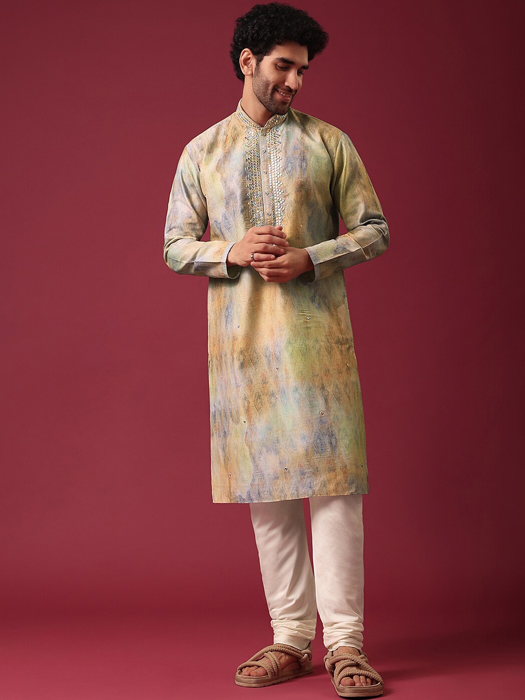 

KALKI Fashion Floral Embroidered Mandarin Collar Mirror Work Pure Silk Kurta with Pyjamas, Yellow