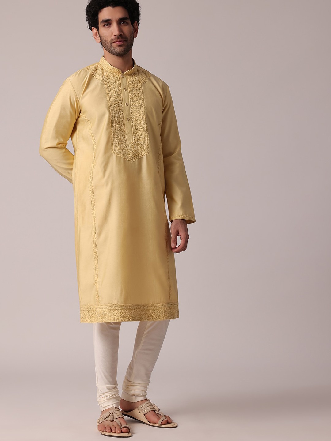 

KALKI Fashion Ethnic Motifs Embroidered Regular Thread Work Pure Silk Kurta With Churidar, Yellow