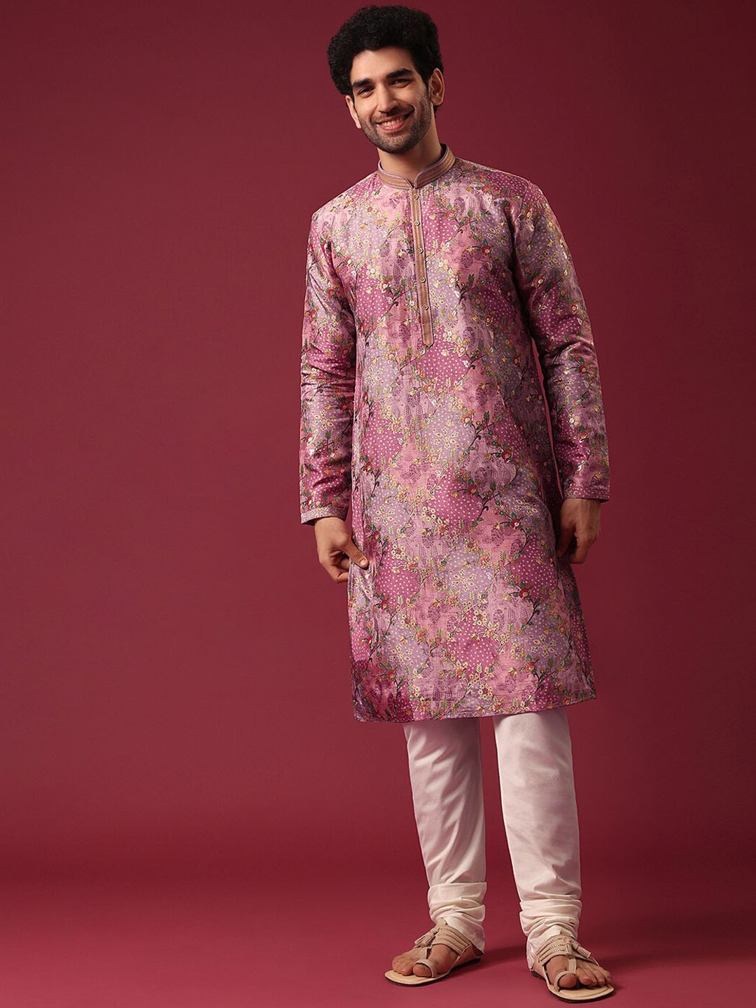 

KALKI Fashion Floral Printed Mandarin Collar Pure Silk Kurta with Churidar, Pink