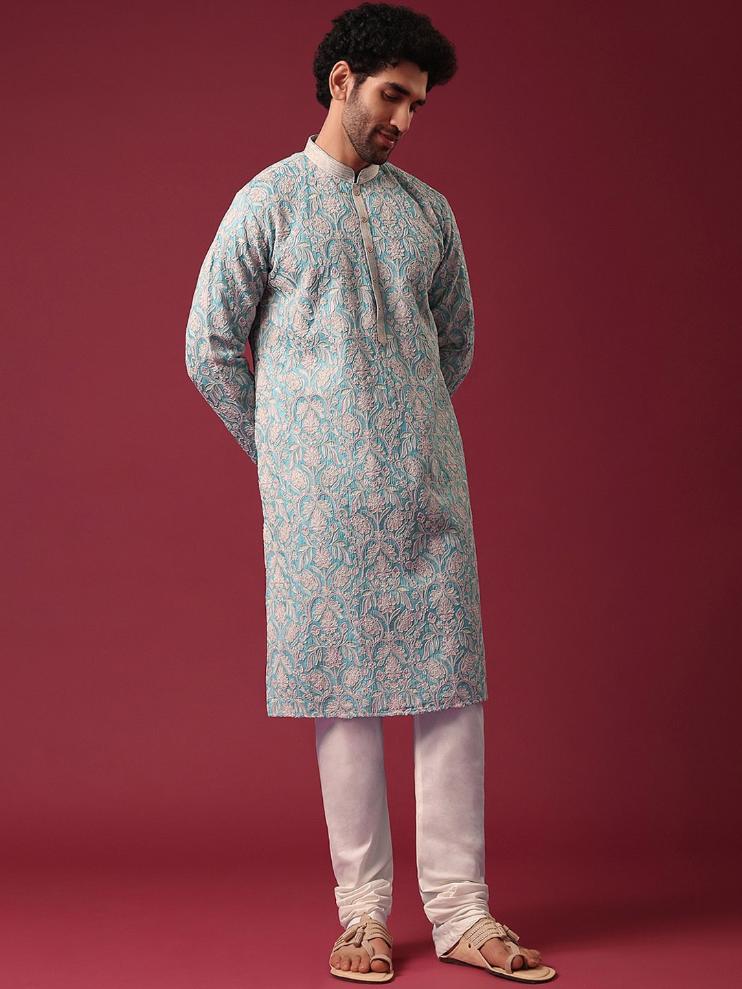 

KALKI Fashion Floral Embroidered Mandarin Collar Pure Silk Kurta with Churidar, Blue