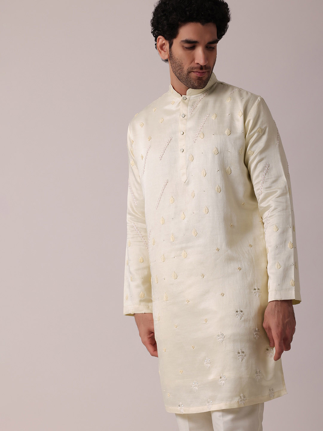

KALKI Fashion Floral Embroidered Mandarin Collar Pure Silk Kurta with Trousers, Cream