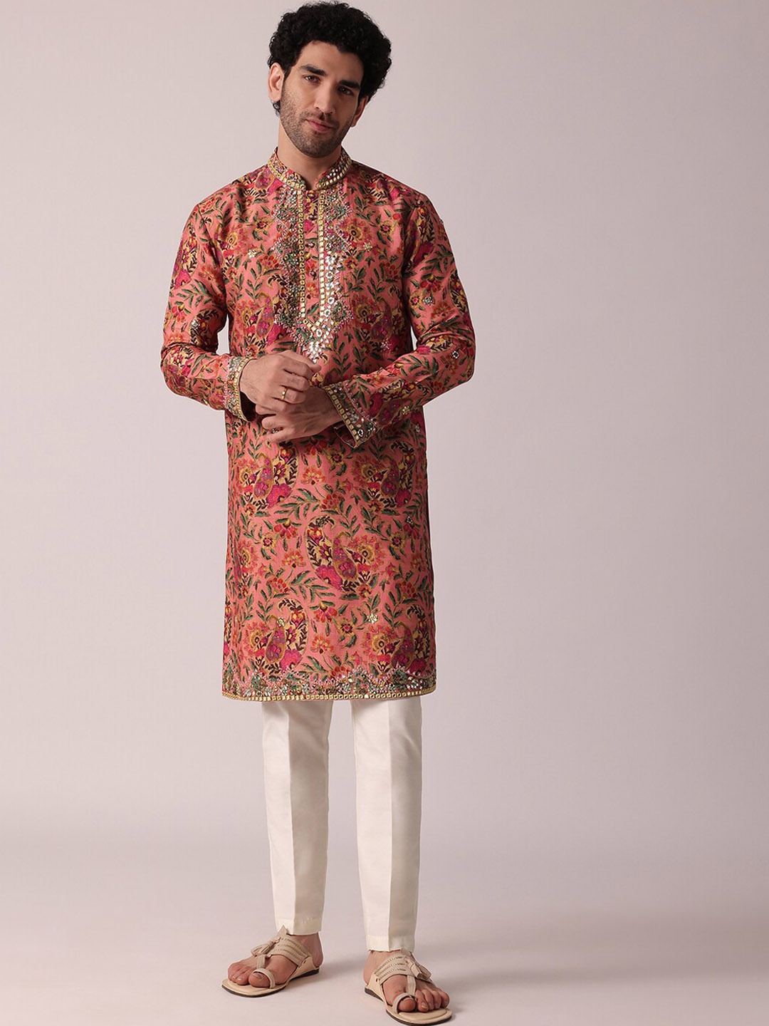 

KALKI Fashion Floral Printed Pure Silk Kurta with Trousers, Orange