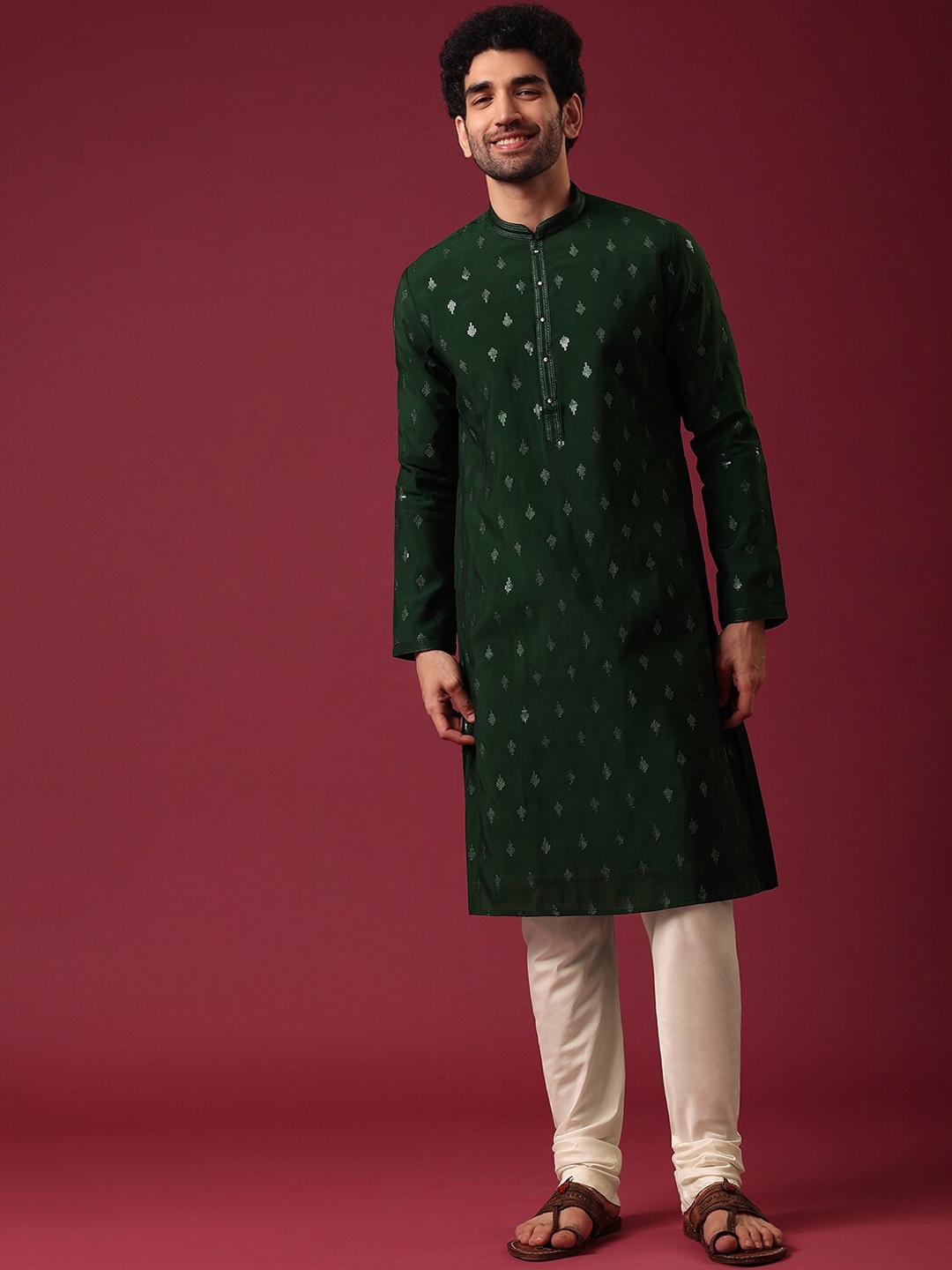 

KALKI Fashion Ethnic Motifs Embroidered Thread Work Pure Silk Kurta with Churidar, Green