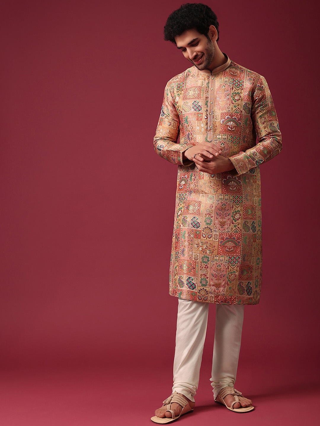 

KALKI Fashion Ethnic Motifs Printed Pure Silk Kurta with Churidar, Orange