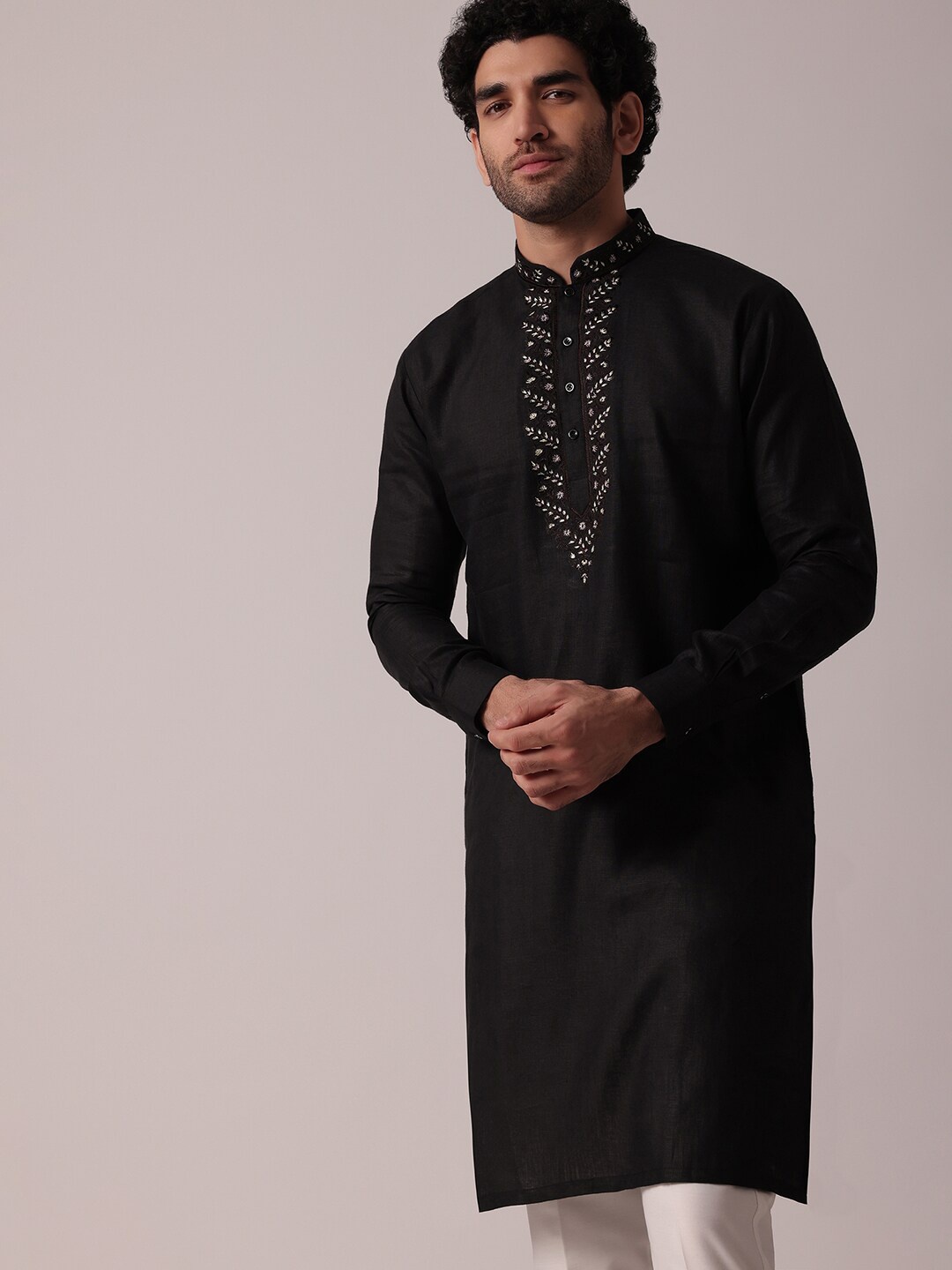 

KALKI Fashion Floral Yoke Design Thread Work Linen Kurta, Black