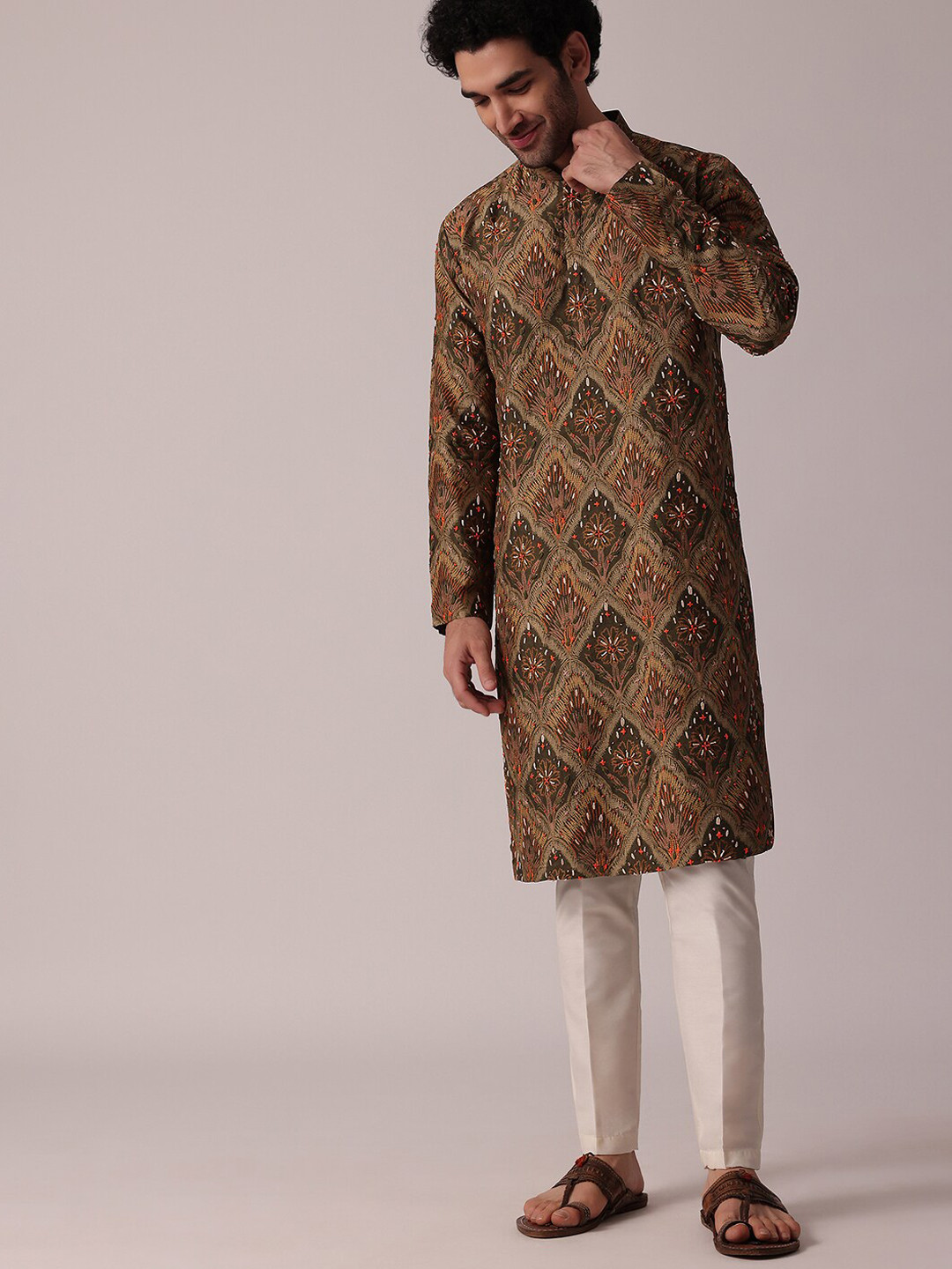 

KALKI Fashion Floral Printed Thread Work Pure Silk Kurta with Trousers, Green