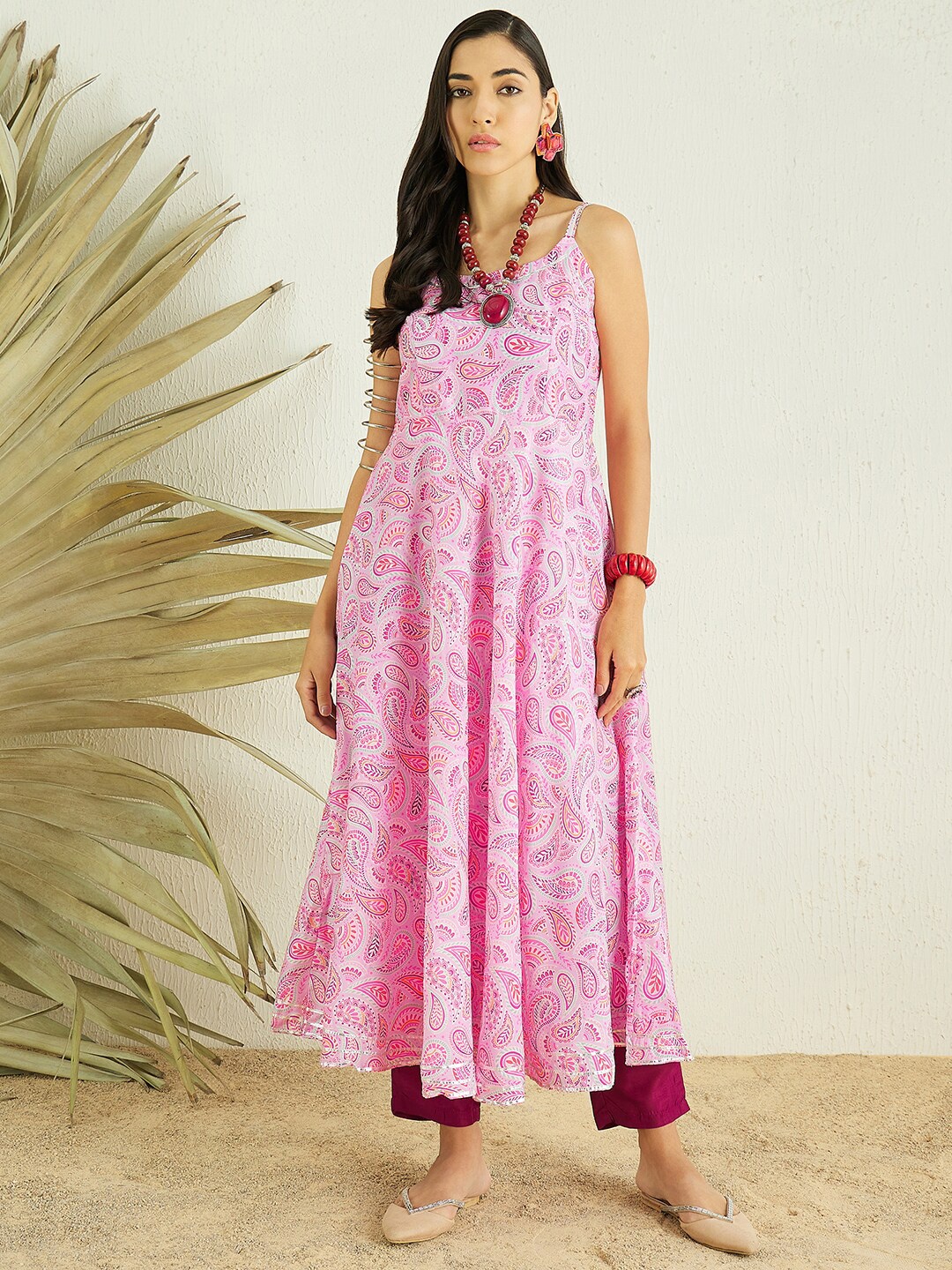 

MASSTANI BY INDDUS Paisley Printed Shoulder Strap A-Line Kurta With Trousers, Pink