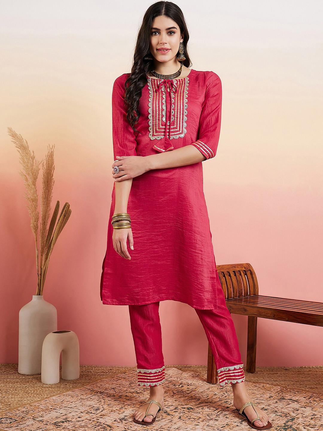 

MASSTANI BY INDDUS Floral Yoke Design Tie-Up Neck Thread Work Kurta With Trousers, Pink