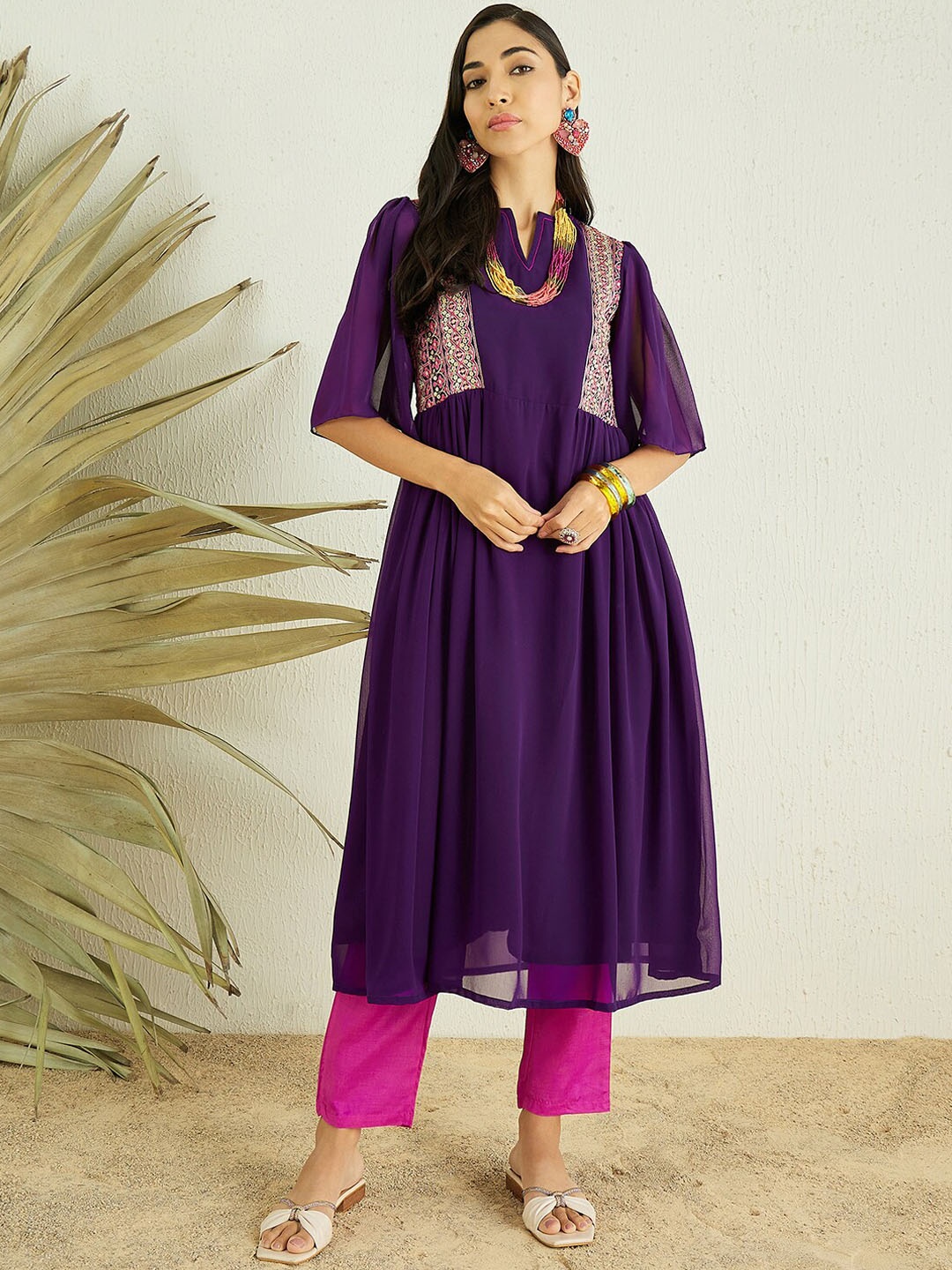 

MASSTANI BY INDDUS Notched Neck Thread Work Pleated A-Line Kurta With Trousers, Violet