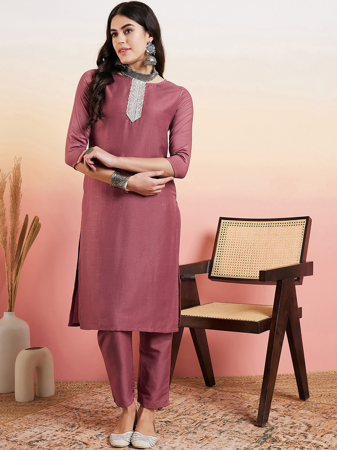 

MASSTANI BY INDDUS Floral Yoke Design Sequinned Kurta With Trousers, Rust