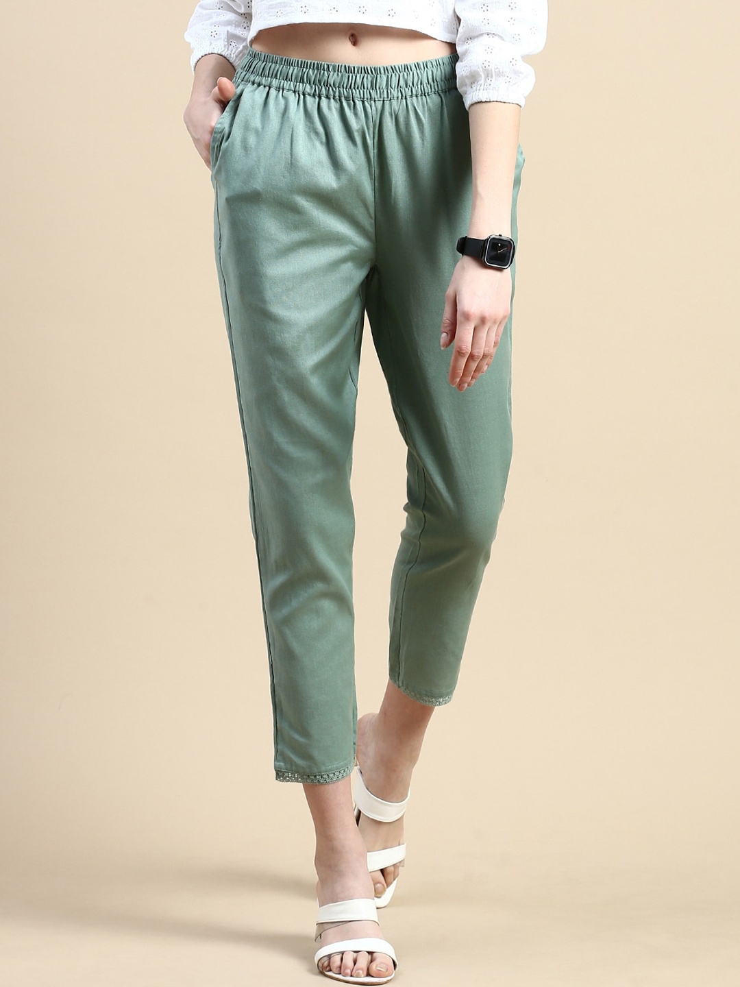 

De Moza Women High-Rise Cotton Flex Cigarette Trousers, Sea green