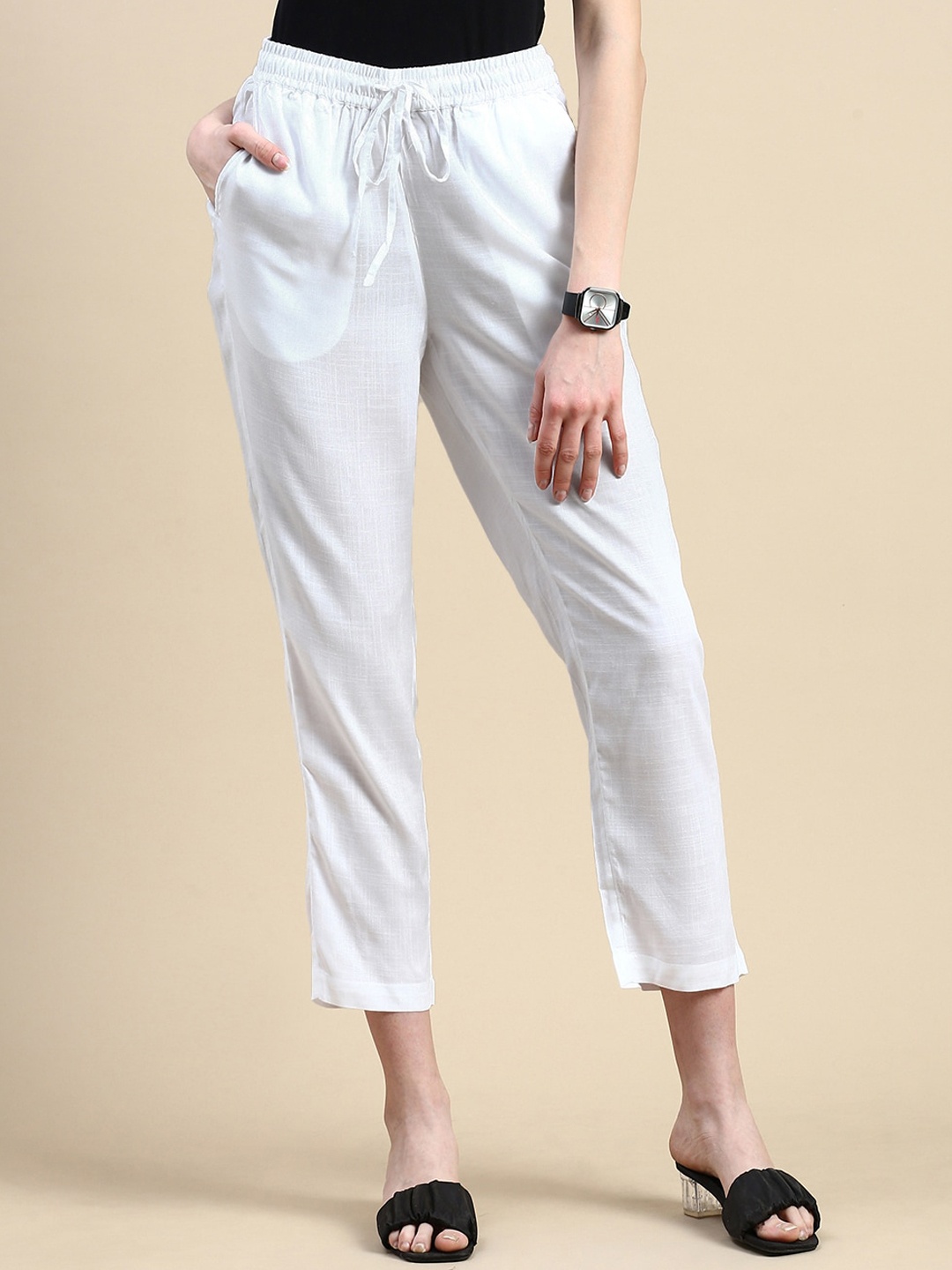 

De Moza Women High-Rise Cotton Flex Trousers, White