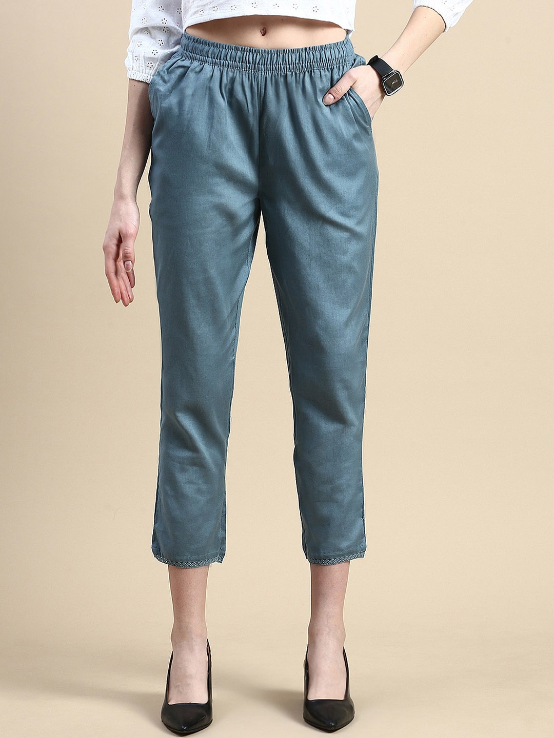 

De Moza Women High-Rise Cotton Trousers, Teal