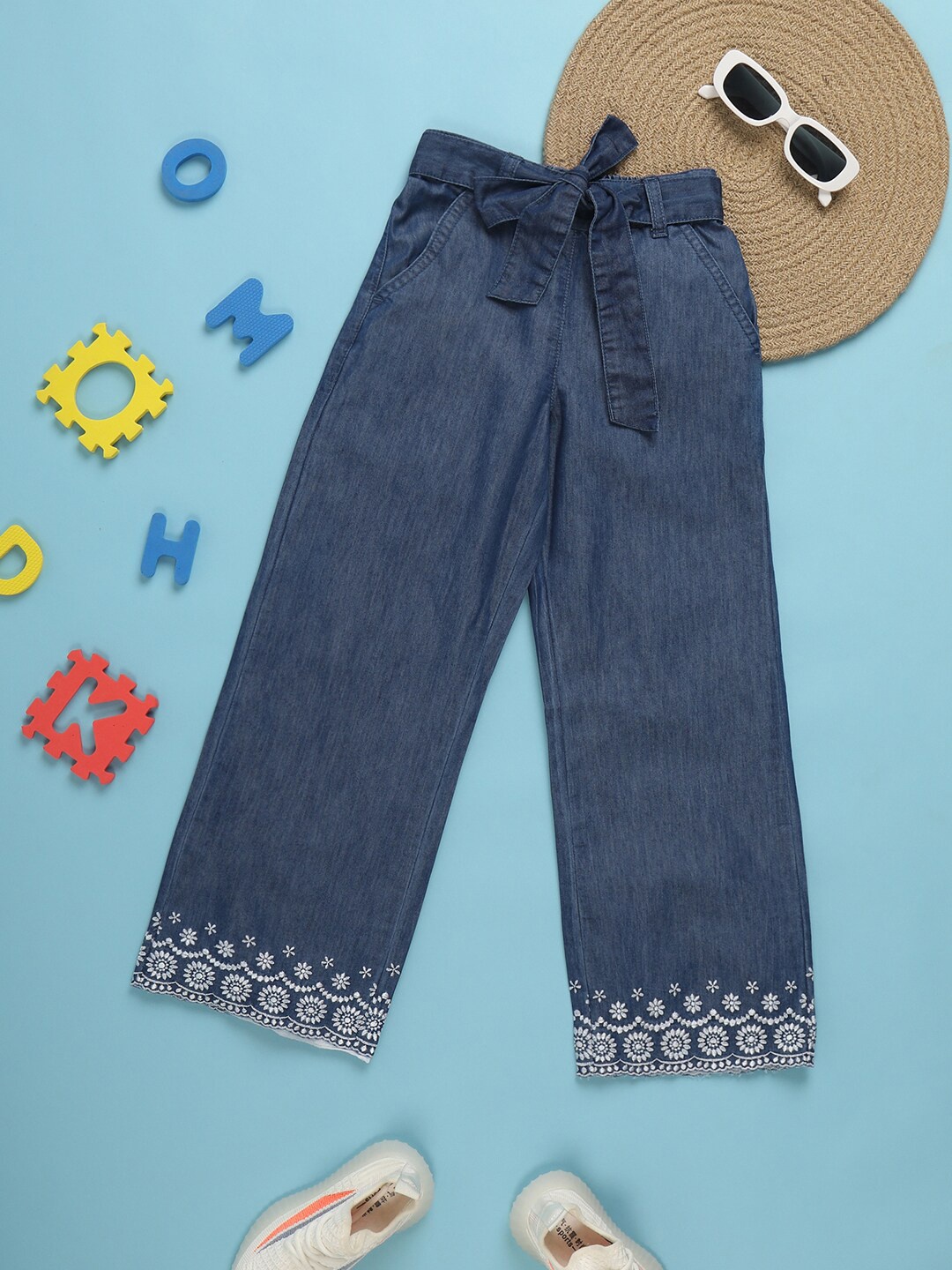 

V-Mart Girls Floral Embroidered Denim Trousers with Belt, Blue