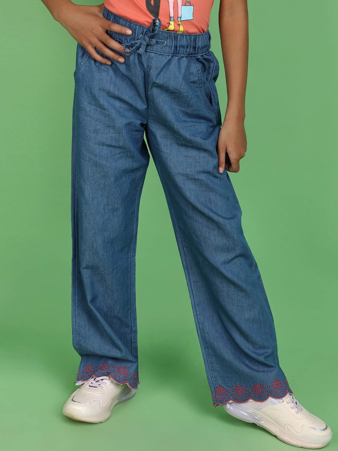 

V-Mart Girls Flared Fit Embroidered Hem Easy Wash Denim Trousers, Blue