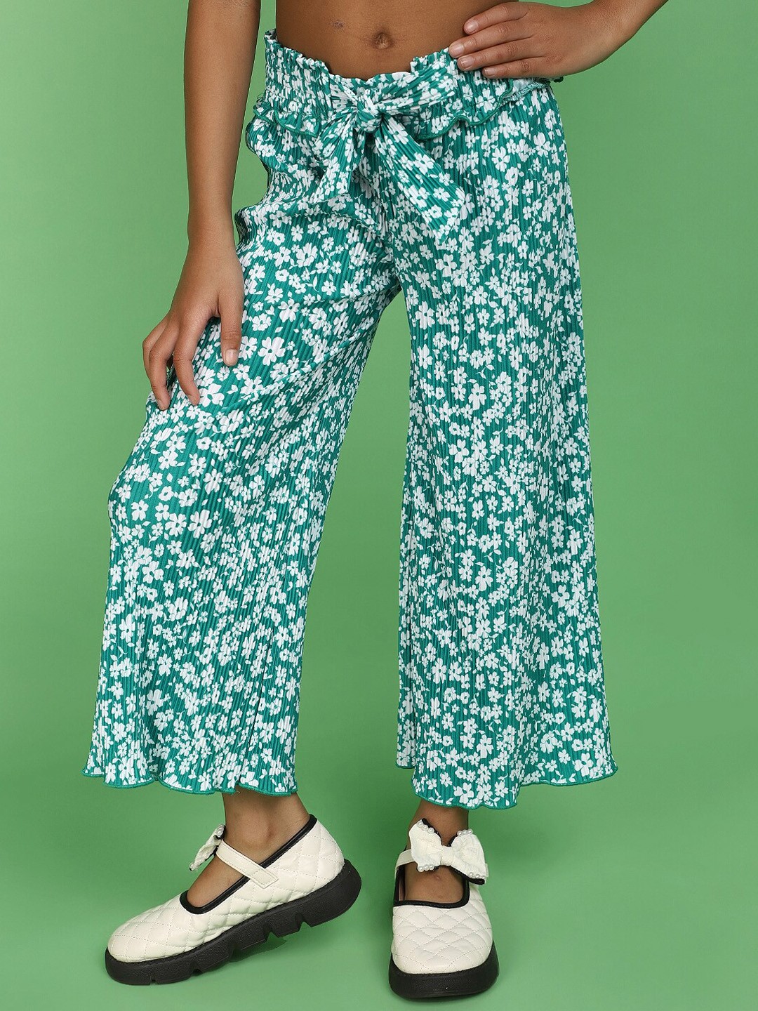 

V-Mart Girls Floral Printed Mid-Rise Flared Fit Trousers, Green
