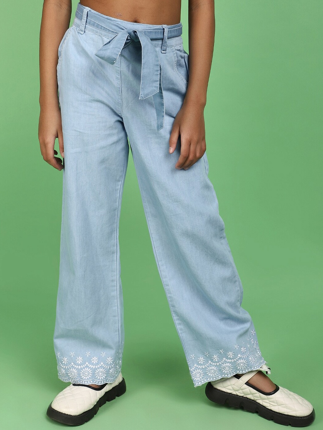 

V-Mart Girls Wide Leg Embroidered Cotton Jeans, Blue
