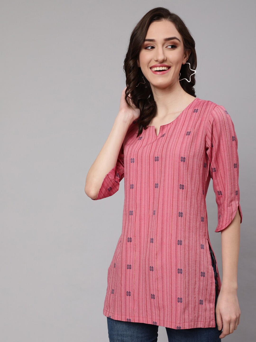

AKIMIA Striped Round Neck Cotton Jacquard Straight Kurti, Pink