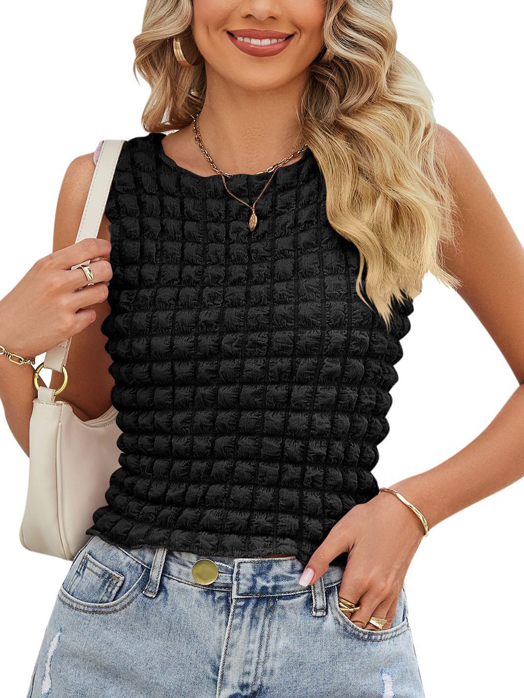 

StyleCast Self Design Round Neck Top, Black