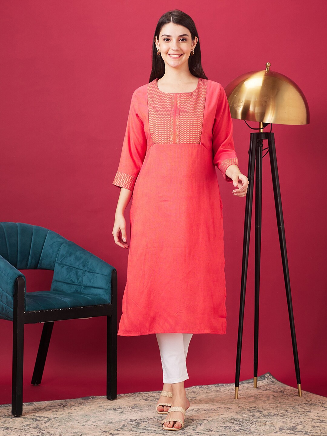 

AV2 Women Geometric Yoke Design Pure Cotton Maternity Kurta, Coral