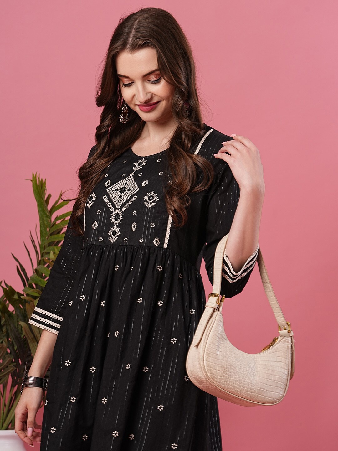 

Globus Black Ethnic Motifs Embroidered Cotton A-Line Ethnic Dress