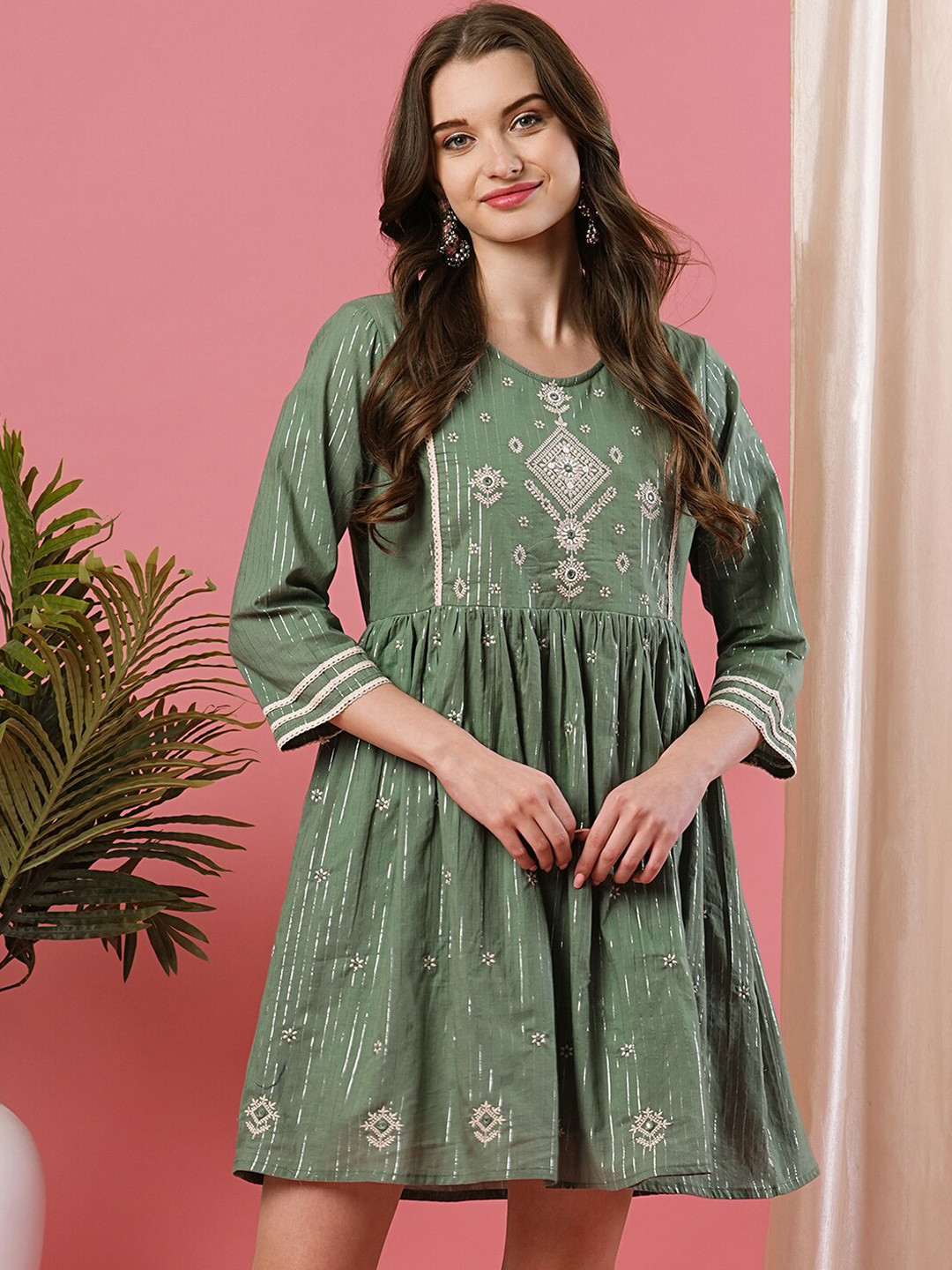 

Globus Embroidered Yoke Ethnic Motifs Fusion A-Line Above Knee Dress, Green