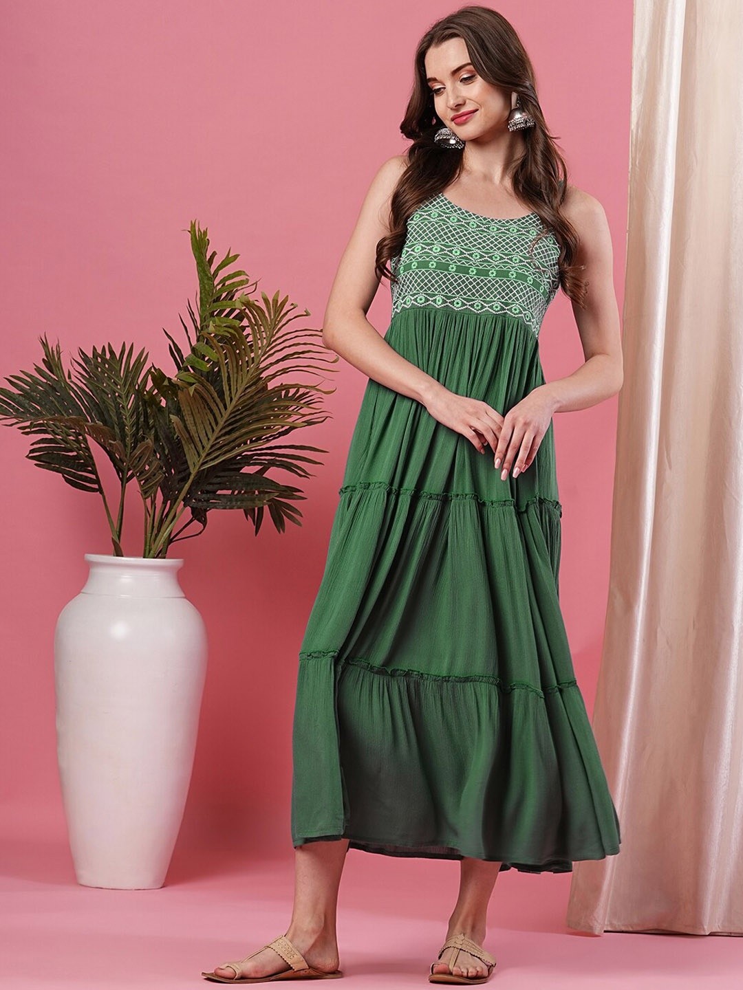 

Globus Green Ethnic Motifs Embroidered Tiered A-line Midi Ethnic Dress