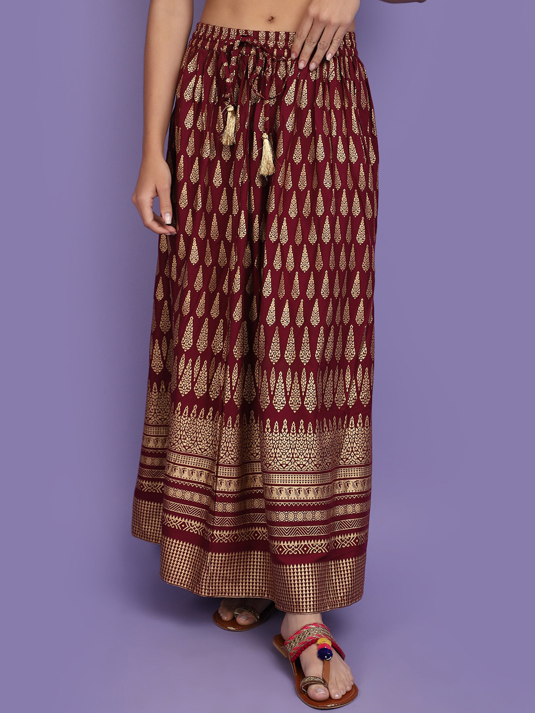 

V-Mart Ethnic Printed Flared Maxi Skirt, Maroon