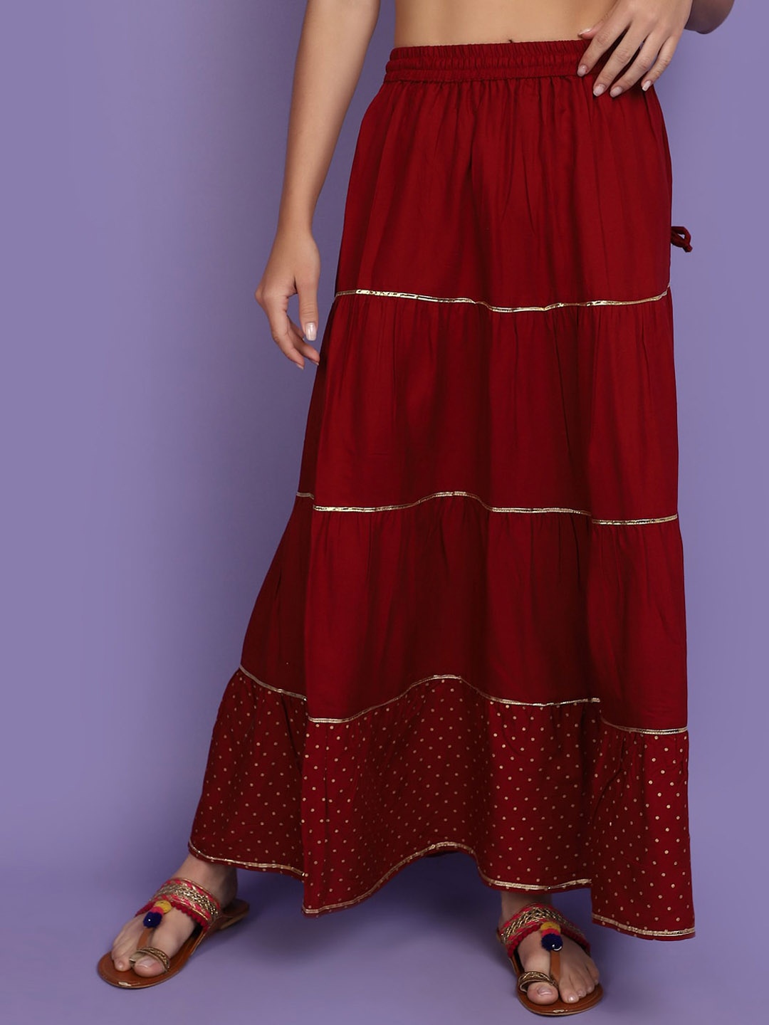 

V-Mart Ethnic Printed Tiered Flared Maxi Skirt, Maroon