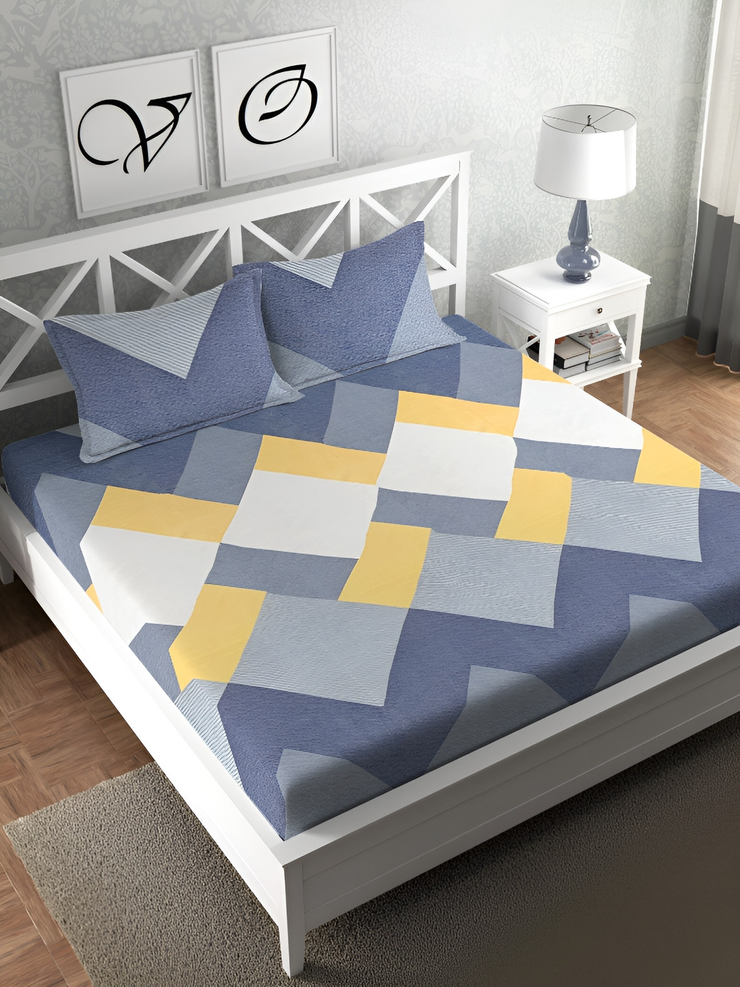 

CHHAVI INDIA Grey & Blue Geometric Microfiber210 TC Queen Bedsheet with 2 Pillow Covers